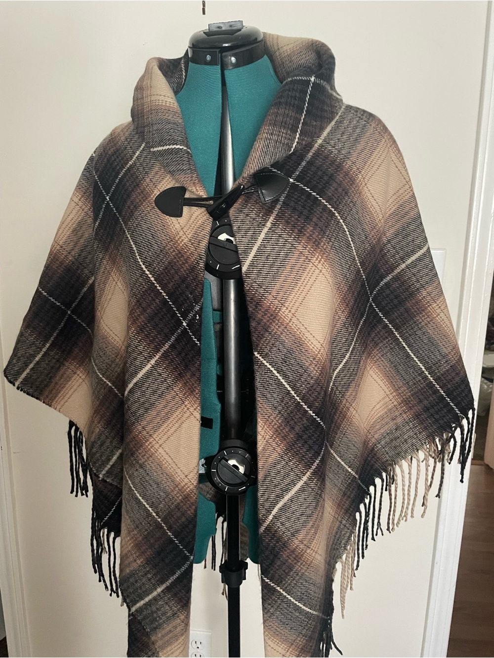 Brand Wrap Plaid Fringe Poncho - Beige and Brown